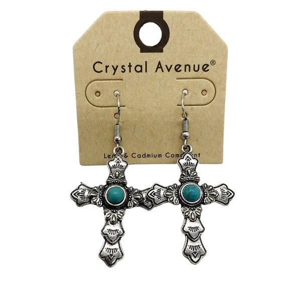 Crystal Avenue Jewelry - Silvertone & Turquoise Cross Earrings